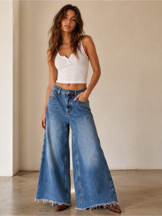 We The Free Denim - We The Free Cotton Wide Leg Raw Hem High Rise Denim Boho Jeans Size 28